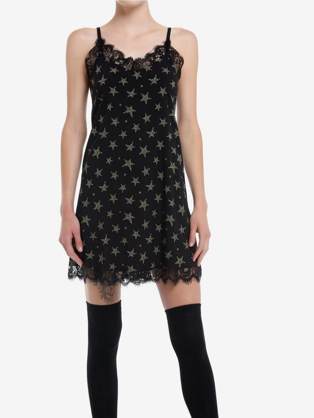 Social Collision Lace-Trim Star Print Mini Dress - Black & Olive - Picture 6 of 7